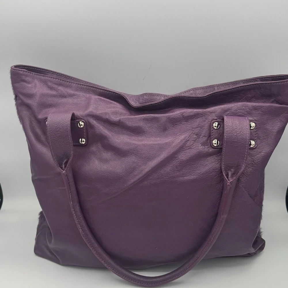 Innue Made in Italy Genuine Leather Calf Hair Plum Purple Tote Bag - Picture 4 of 9
